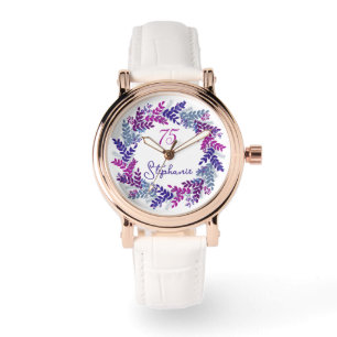 Eleganter Lila rosa Kraut 75. Geburtstag Armbanduhr