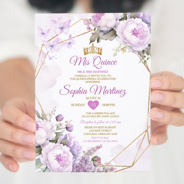 Eleganter Lila Schmetterling Lilac & Gold Quiñcean Einladung (Von Creator hochgeladen)