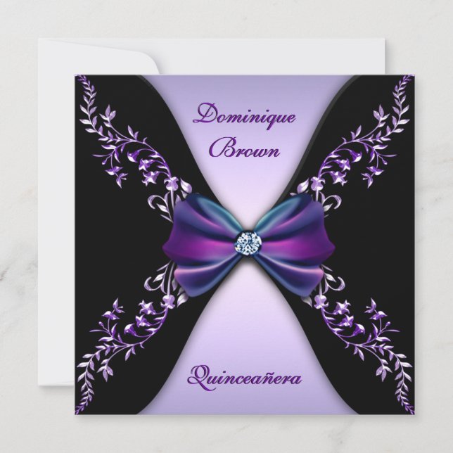 Eleganter lila schwarzer Diamant-Bogen Quinceanera Einladung (Vorderseite)