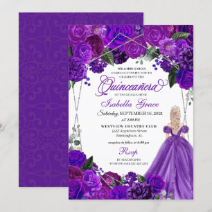 Eleganter Lila Silver Floral Quinceanera Geburtsta Einladung