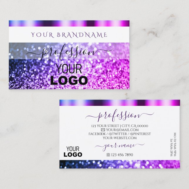 Eleganter Lila Sparkle-Glitzer und Logo in Weiß Ro Visitenkarte (Vorne/Hinten)