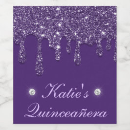 Eleganter Lila Tropf-Glitzer Quinceanera Weinetikett