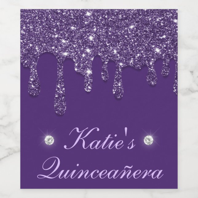 Eleganter Lila Tropf-Glitzer Quinceanera Weinetikett (Einzelnes Label)