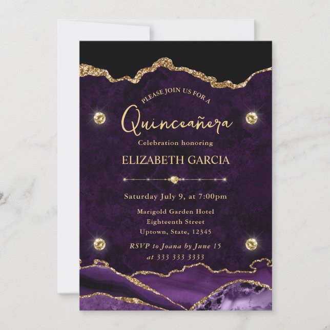 Eleganter Lila und Gold Glitzer Agate Quinceanera Einladung (Vorderseite)