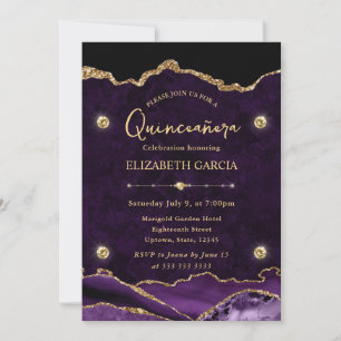 Eleganter Lila und Gold Glitzer Agate Quinceanera Einladung