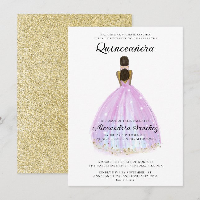 Eleganter Lila und Gold Glitzer Quinceanera Einladung (Vorne/Hinten)