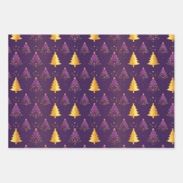 Eleganter Lila und goldener Weihnachtsbaum Geschenkpapier Set
