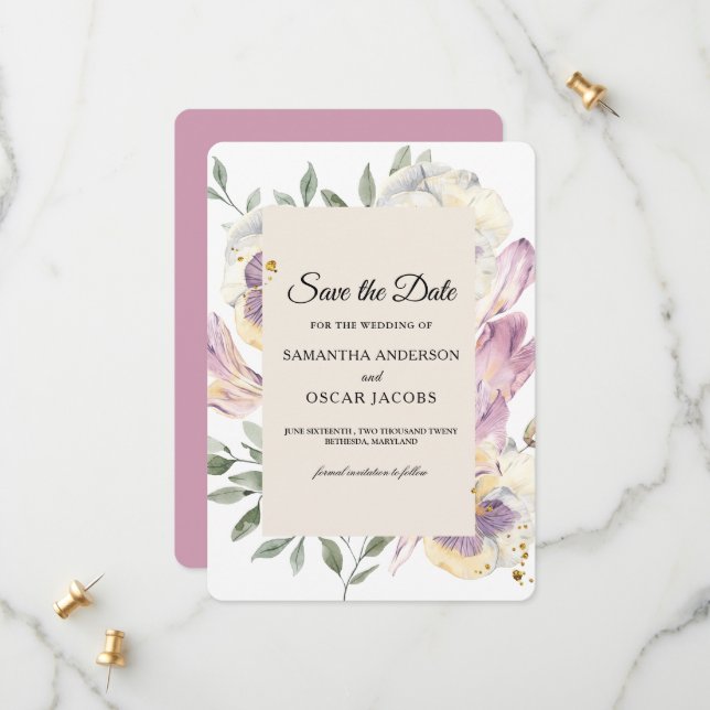Eleganter Lila- und Pansy-Aquarell Save The Date (Vorderseite/Rückseite Beispiel)