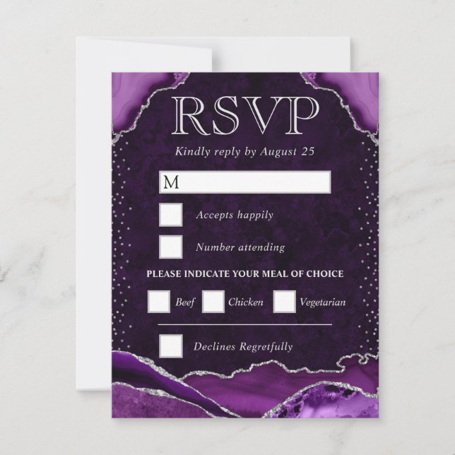 Eleganter Lila und Silberner Glitzer Agate Wedding RSVP Karte (Vorderseite)