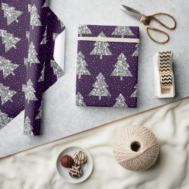 Eleganter Lila und Silberner Glitzer Weihnachtsbau Geschenkpapier (Kunsthandwerk)