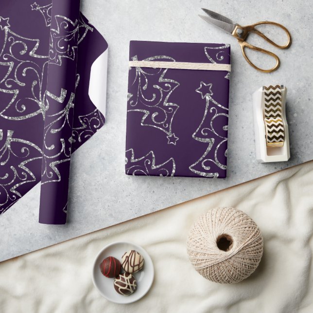 Eleganter Lila und Silberner Glitzer Weihnachtsbau Geschenkpapier (Kunsthandwerk)