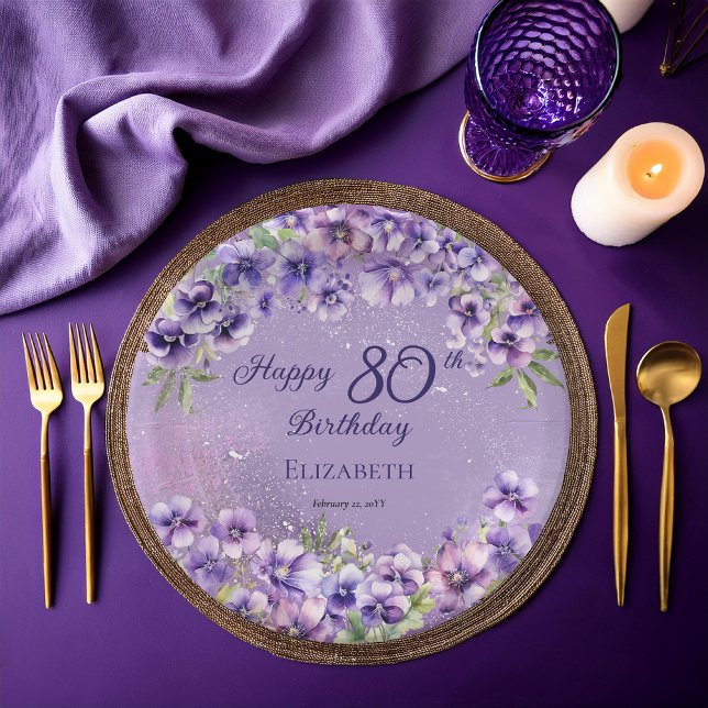Eleganter Lila Violets floraler Happy 80. Geburtst Pappteller (Boho Elegant Purple Violets Floral Happy 80th Birthday Party Paper Plates)
