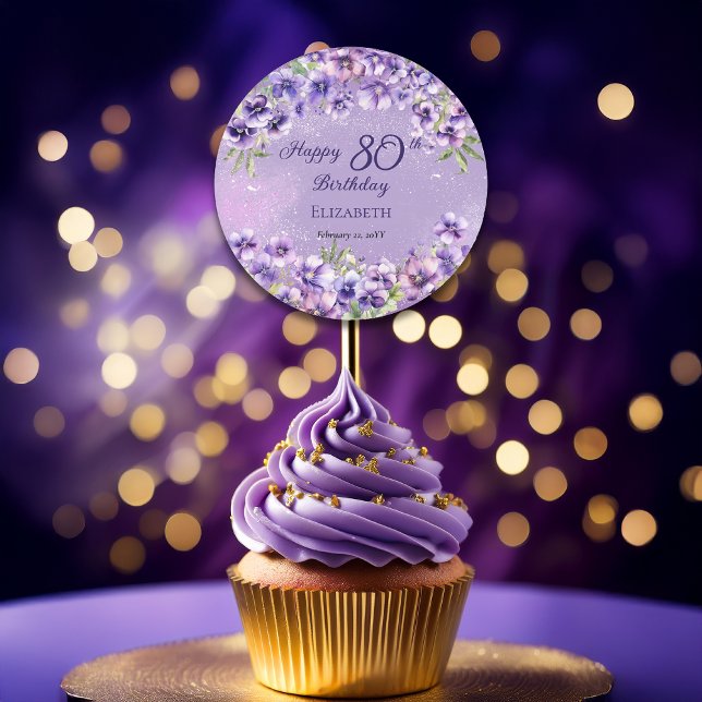 Eleganter Lila Violets floraler Happy 80. Geburtst Runder Aufkleber (Boho Elegant Purple Violets Happy 80th Birthday Round Sticker for Favors and Envelope Seals)
