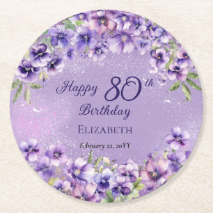 Eleganter Lila Violets floraler Happy 80. Geburtst Runder Pappuntersetzer
