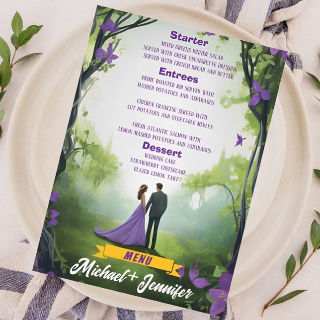 Eleganter Lila Wald - individuelle Blumenhochzeit Menükarte (Von Creator hochgeladen)
