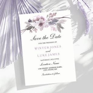 Eleganter Lila Winter Floral Save the Date einlade
