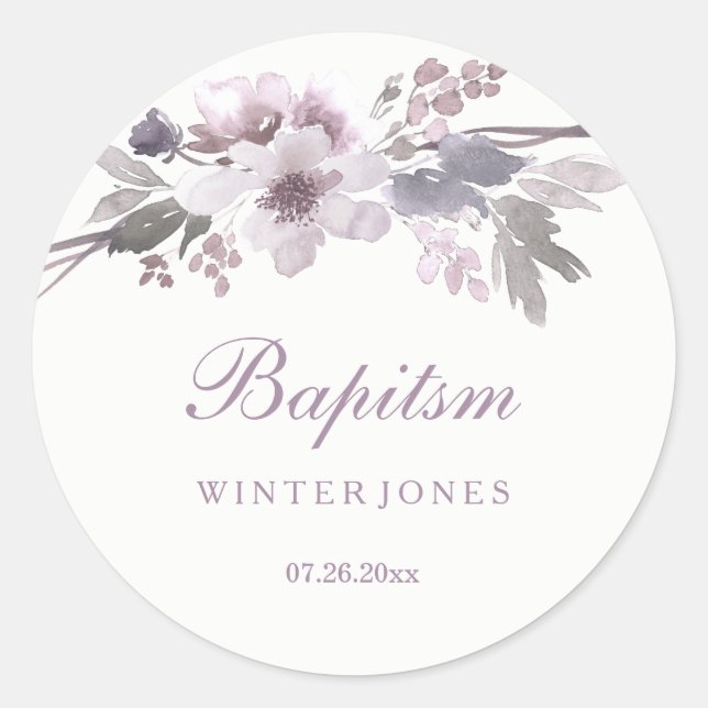 Eleganter Lila Winter Floral Taufen Sticker (Vorderseite)