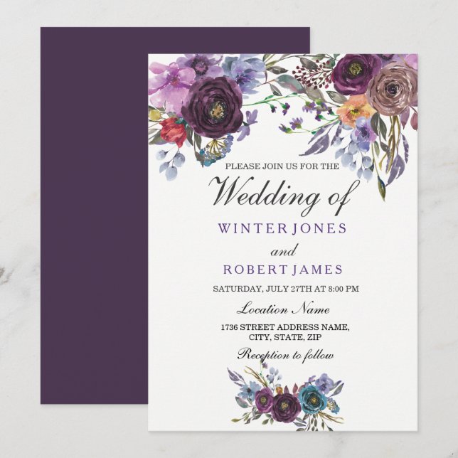 Eleganter Lila Winter Hochzeitsempfang Einladung (Vorne/Hinten)