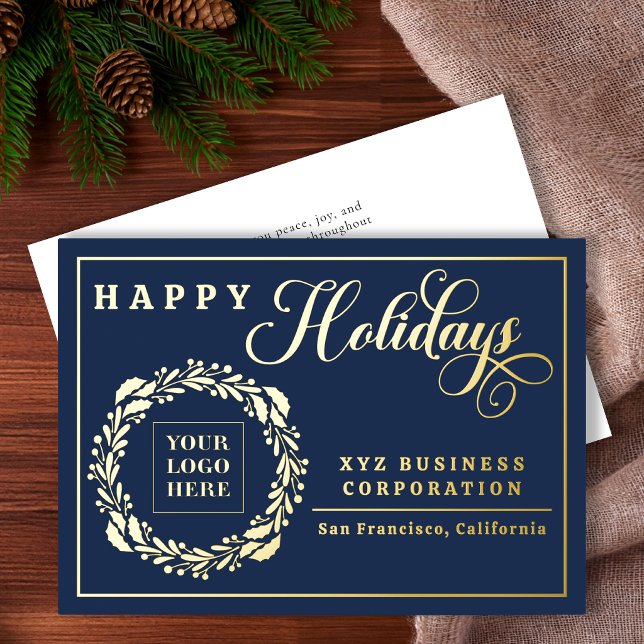 Eleganter Logo-Kranz Frohe Feiertage Geschäftlich (Elegant Logo Wreath Happy Holidays Business Foil Navy Blue Holiday Card)