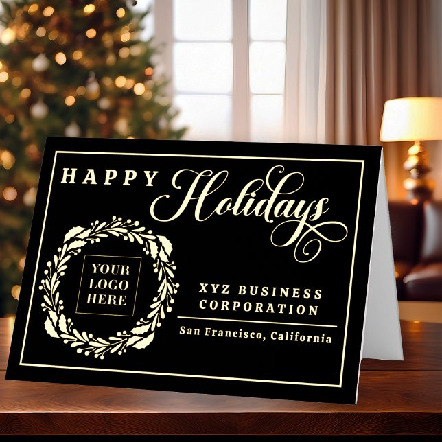 Eleganter Logo-Kranz Frohe Feiertage Geschäftlich (Elegant black and gold foil logo wreath business holiday card with custom company branding.)