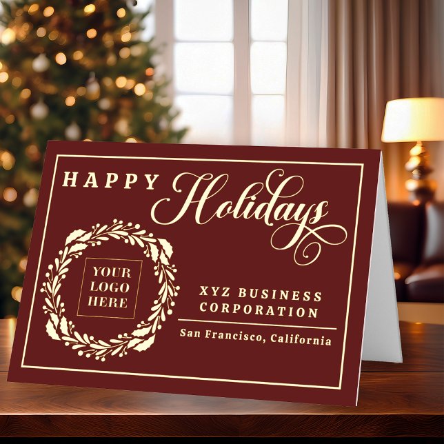 Eleganter Logo-Kranz Frohe Feiertage Geschäftlich (Elegant gold foil and burgundy logo wreath business holiday card with custom company branding)