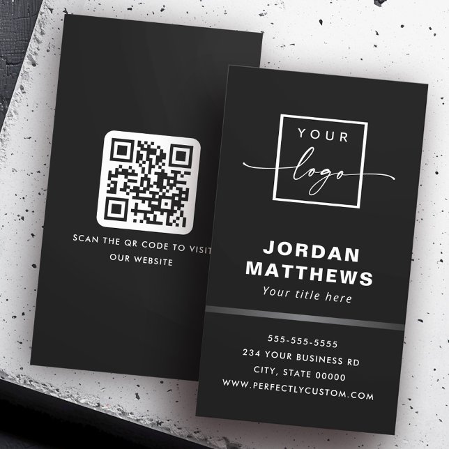 Eleganter Logo QR Code Grauer Farbverlauf schwarz Visitenkarte (Elegant logo QR code gray gradient border black Business Card)