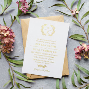 Eleganter Lorbeerkranz-Monogramm-Typografie-Hochze Folieneinladung