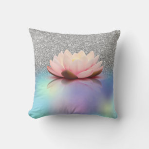 Eleganter Lotus Silber Glitter Bokeh Holografisch Kissen