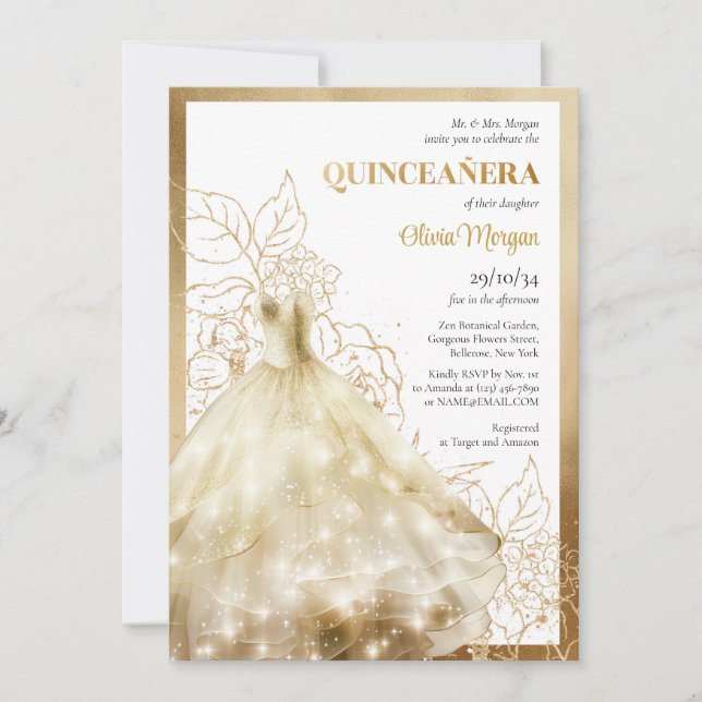 Eleganter Lux Gold formale Kleidung Glamour Quince Einladung (Vorderseite)