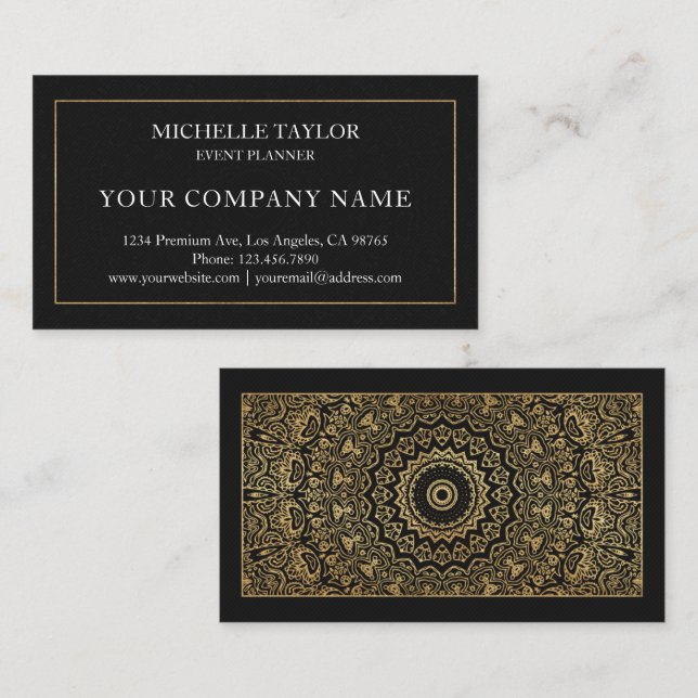 Eleganter Luxus Black Gold Mandala Beruflich Visitenkarte (Vorne/Hinten)