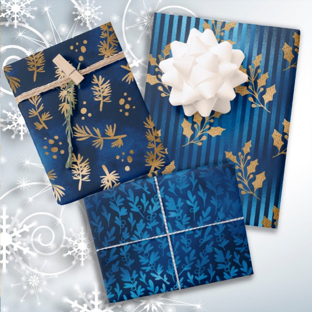Eleganter Luxus Blue Gold Weihnachten Urlaub Geschenkpapier Set (Elegant blue and gold Christmas wrapping paper 3-sheet collection)