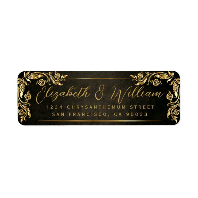 Eleganter Luxus Gold Floral & Dark Rücksendeadress (Vorne)