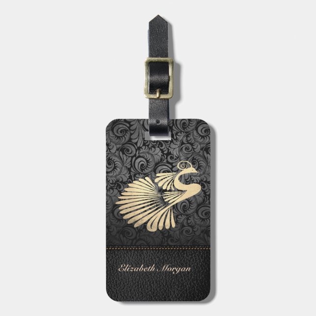 Eleganter Luxus, Leathe Look, Gold Pfau, Damaskus Gepäckanhänger (Vorderseite vertikal)