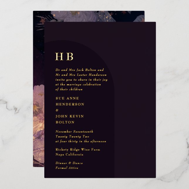 Eleganter Luxus Monogram Dark Boho Floral Arch Folieneinladung (Vorderseite/Rückseite)