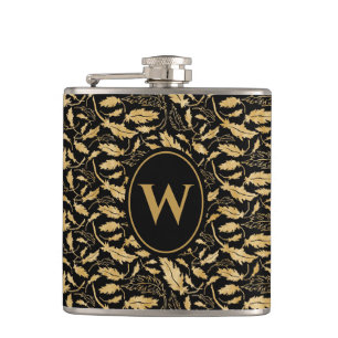 Eleganter Luxus Schwarz Goldblatt Vintage-Muster Flachmann