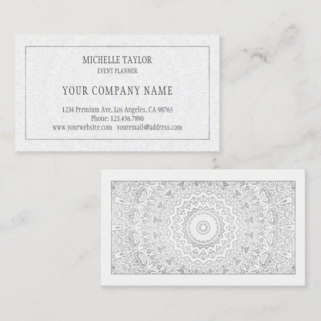 Eleganter Luxus White Silver Mandala Beruflich Visitenkarte (Vorne/Hinten)