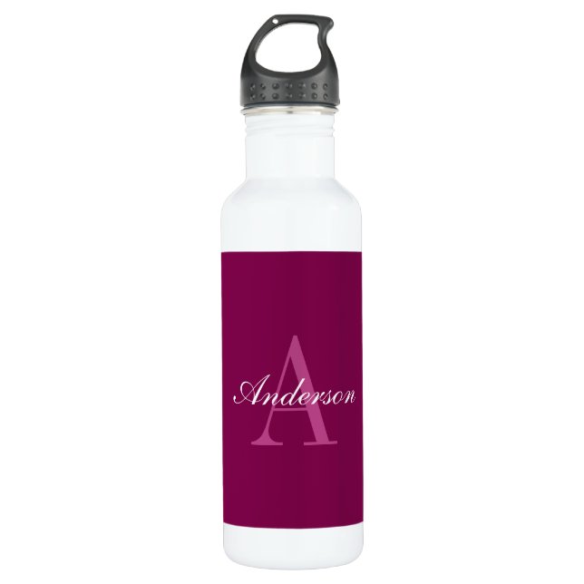 Eleganter Magenta Rot, Rosa und Weiß Name & Monogr Edelstahlflasche (Vorderseite)