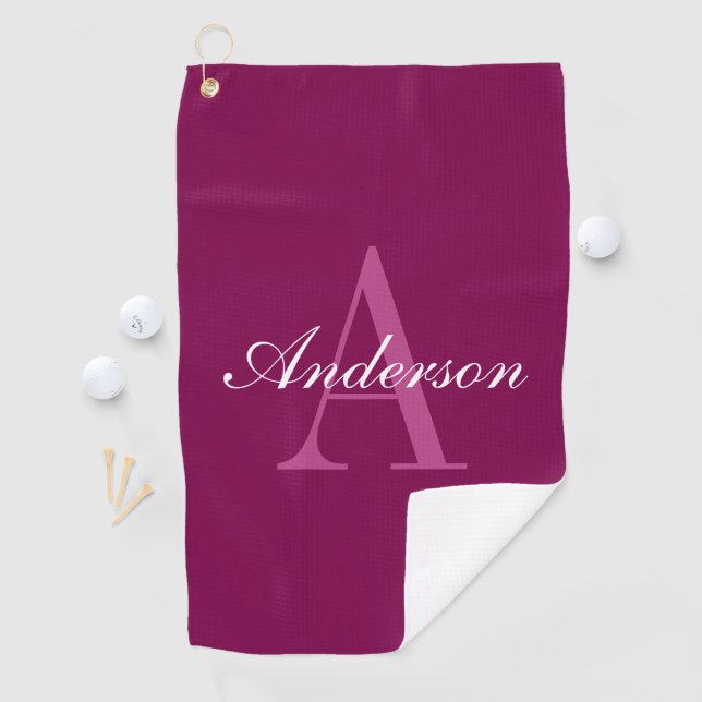 Eleganter Magenta Rot, Rosa und Weiß Name & Monogr Golfhandtuch (Insitu)