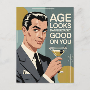 Eleganter Mann mit einem Martini und Geburtstagsgr Postkarte