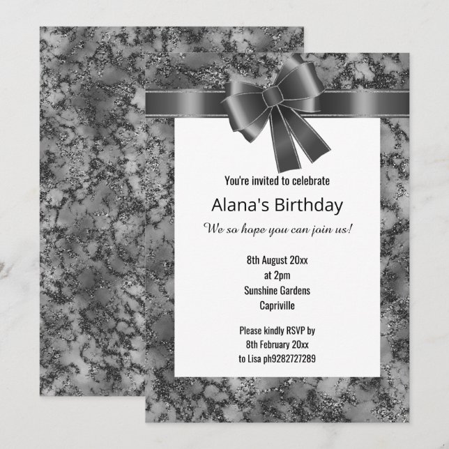 ELEGANTER MARBLE GLITZER SCHWARZKÖRPER WEISS EINLADUNG (Vorne/Hinten)