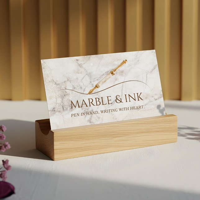 Eleganter Marble Watercolor Gold Pen Writing Servi Visitenkarte (Elegant Marble Watercolor Gold Pen Writing Service Business Card)