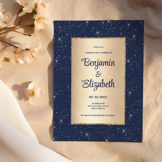 Eleganter Marineblau-Glitzer Konfetti Hochzeit Einladung (Elegant navy blue gold glitter confetti Wedding )
