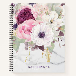 Eleganter Marmor Femininer Rosa Wasserfarben-Blume Notizbuch