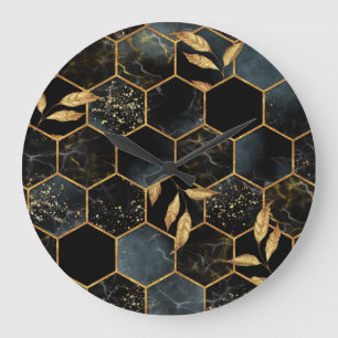 Eleganter Marmor & Gold: Abstrakte Hexagon-Textur Große Wanduhr