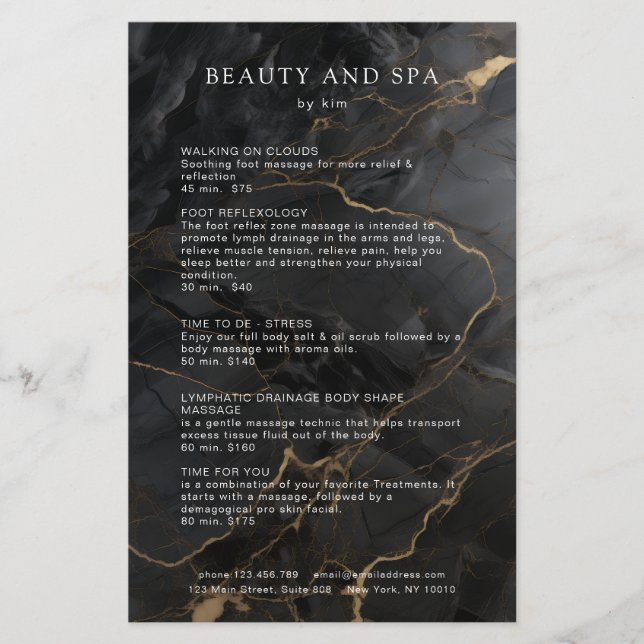 Eleganter Marmor Schwarz-Gold-Salon QR-Code-Preisl Flyer (Vorne)