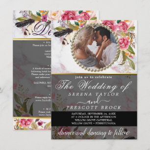 Eleganter Marmor und Blume Foto Hochzeit Einladung