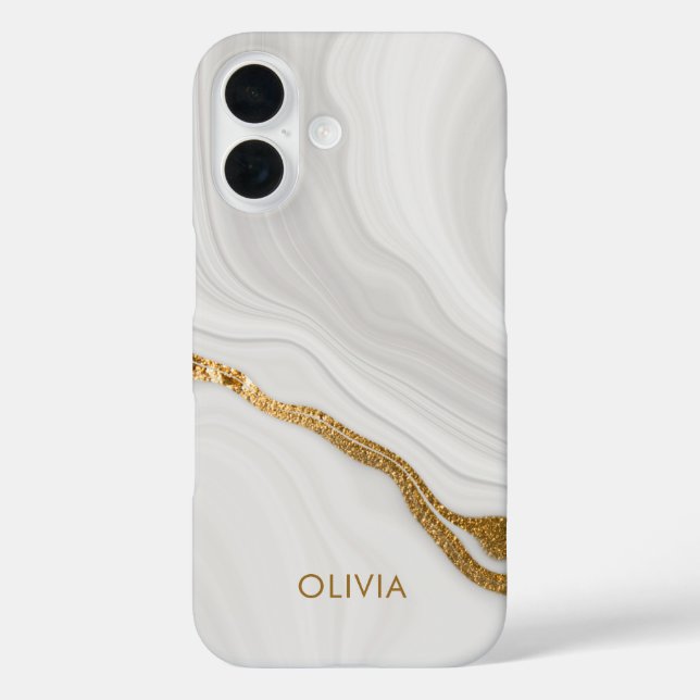 Eleganter Marmor und Gold Glitzer Personalisierter iPhone 16 Hülle (Rückseite)