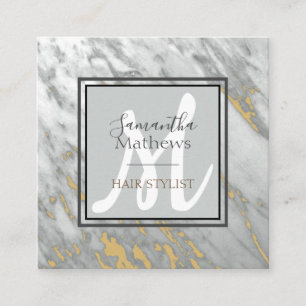 Eleganter Marmorbarsch Gray Gold Monogram Hair Sty Quadratische Visitenkarte