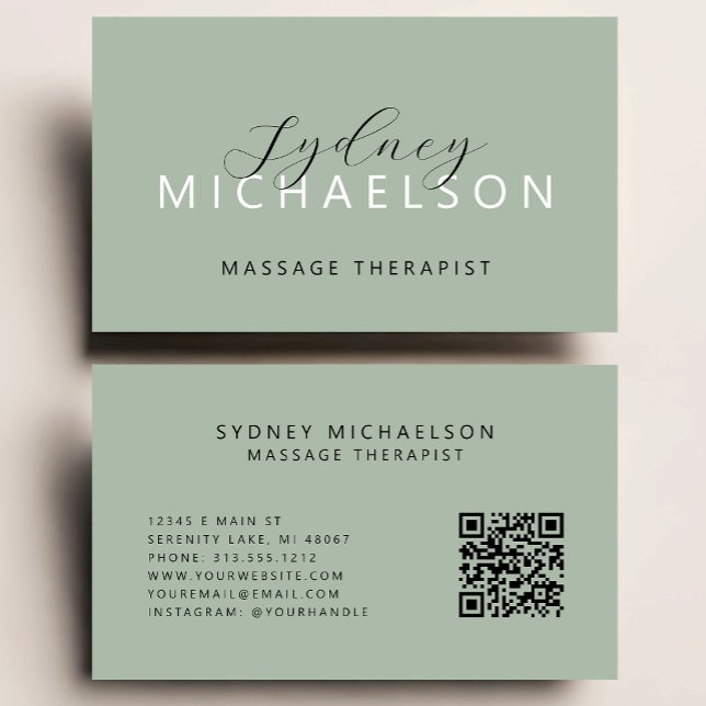 Eleganter Massage Therapist QR Code Sage Green Visitenkarte (Von Creator hochgeladen)