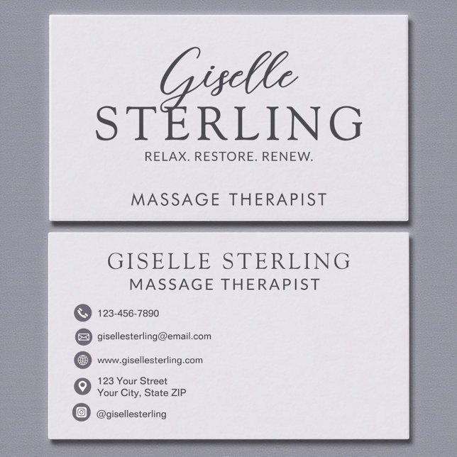 Eleganter Massagetherapeut Lila Lilac Script Visitenkarte (Von Creator hochgeladen)